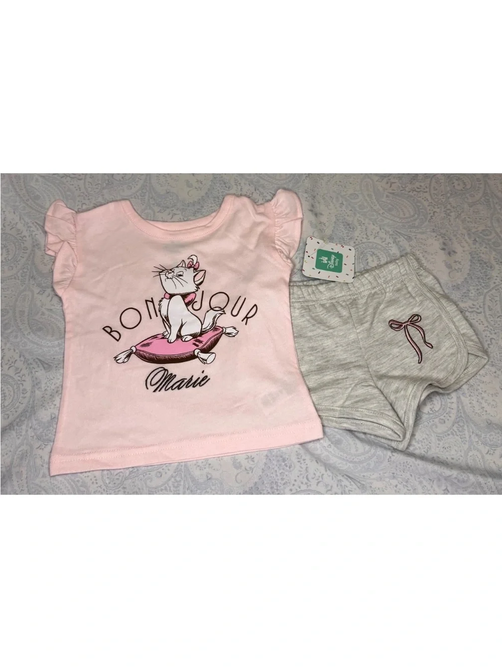 Disney The Aristocats Marie Bonjour Short Sleeve Pink Ruffle Top with Gray Short